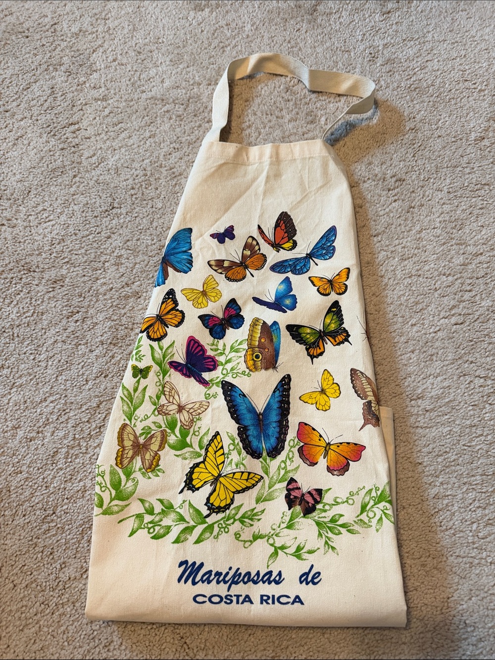 Cream Apron from Costa Rica Features Colorful Butterflies & a Green Leafy Border
